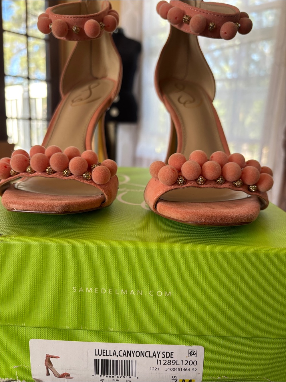 Sam Edelman Luella Coral Suede Pom-Pom Ankle-Strap Heels
